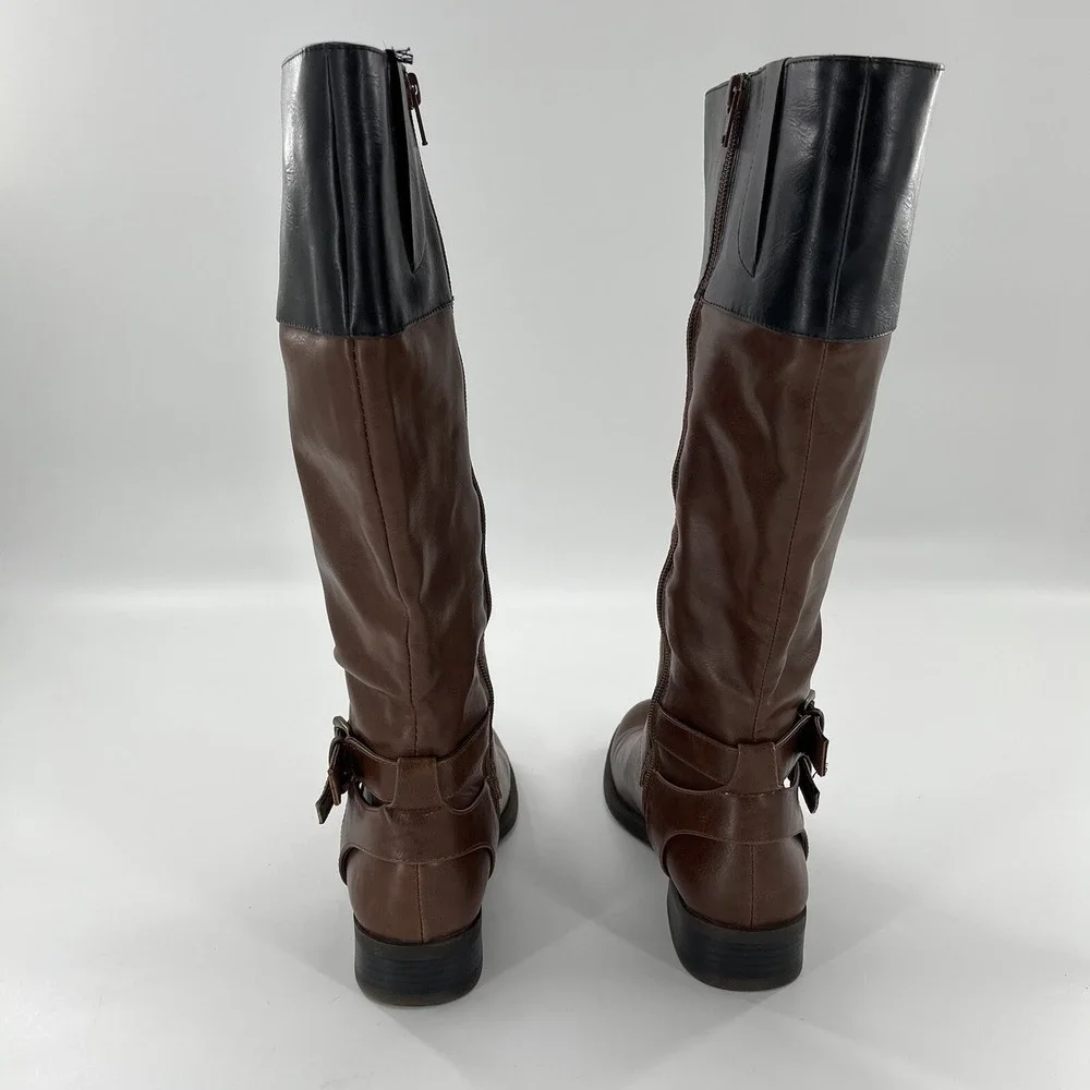 Nine West‎ Riding Boot Women 6.5 M Brown and Black Tall Strap Zip Buckle Leorawm